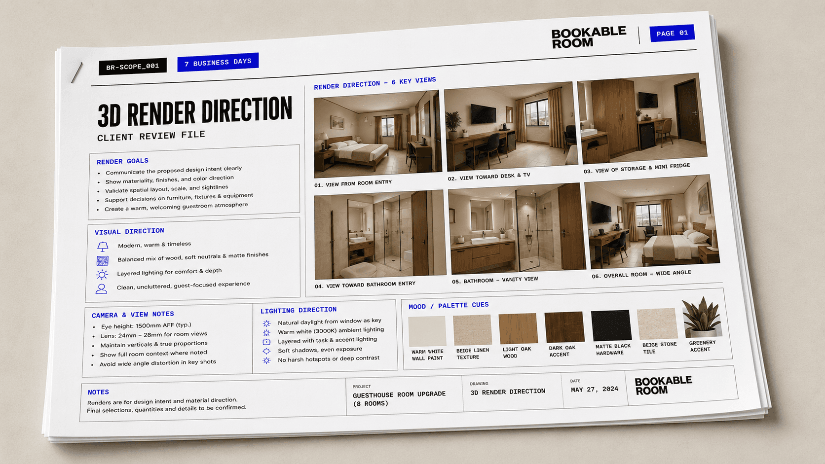 Bookable Room deliverable sheet showing 3D room render direction with operator notes.