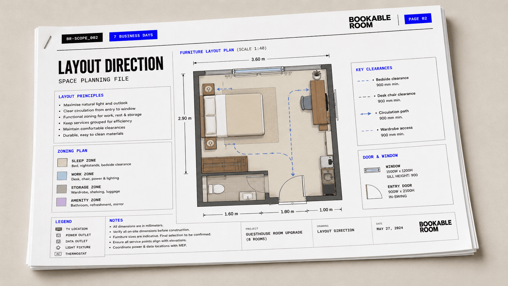 Bookable Room deliverable sheet showing layout direction for furniture placement and circulation.