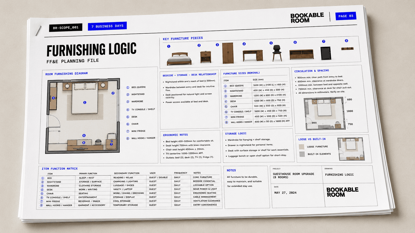 Bookable Room deliverable sheet showing furnishing logic, room zones, and guest-ready decisions.
