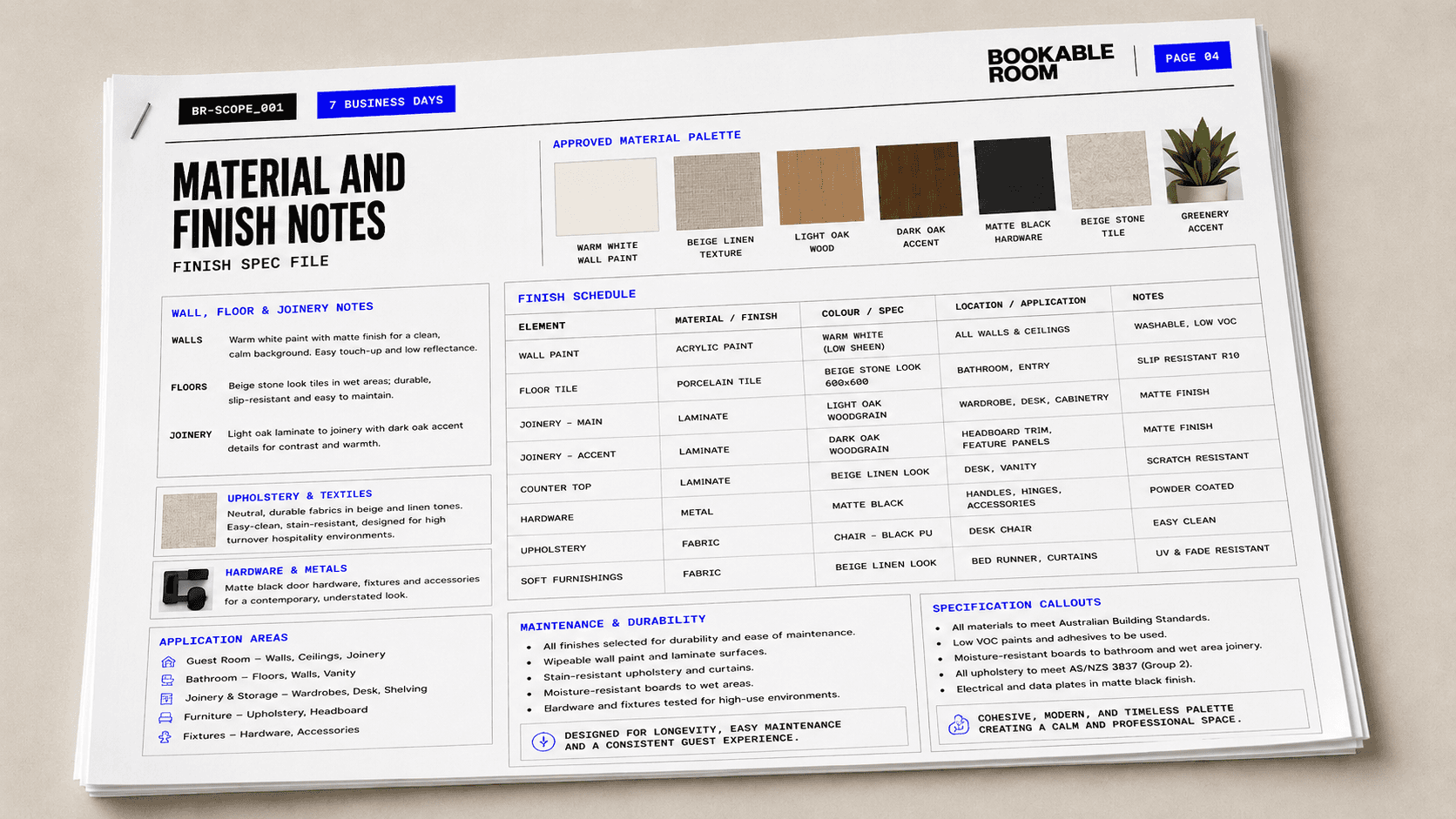 Bookable Room deliverable sheet showing material and finish notes for vendor discussion.
