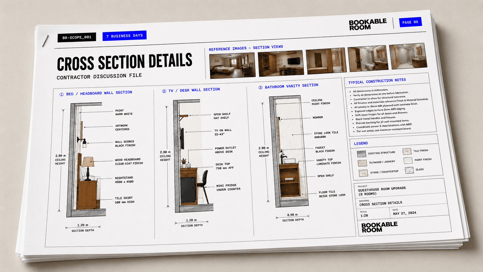 Bookable Room deliverable sheet showing cross-section technical drawing details for contractor discussion.