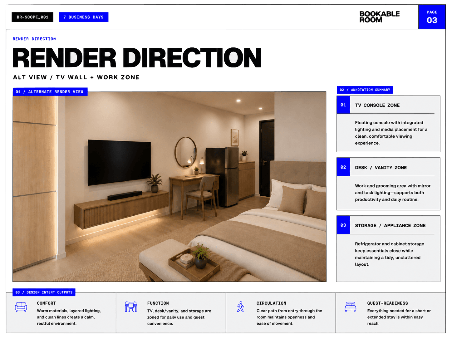 Bookable Room render direction sheet showing an alternate TV wall and work zone view with annotations.