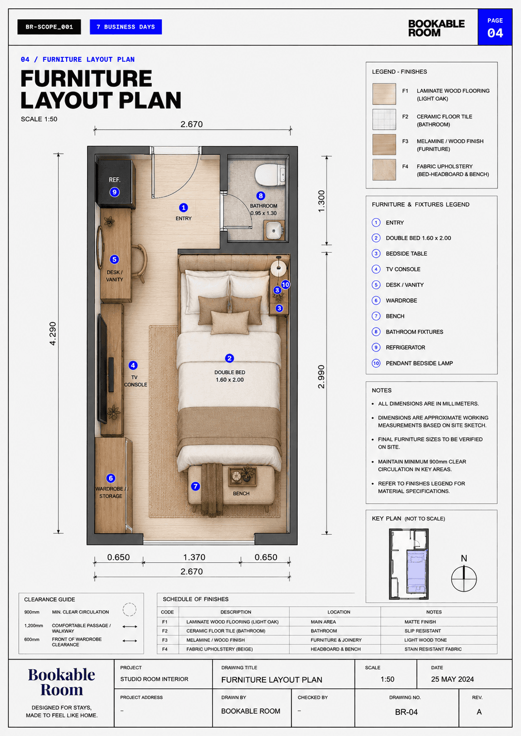 Bookable Room furniture layout plan sheet with dimensions, finish legend, furniture legend, and notes.