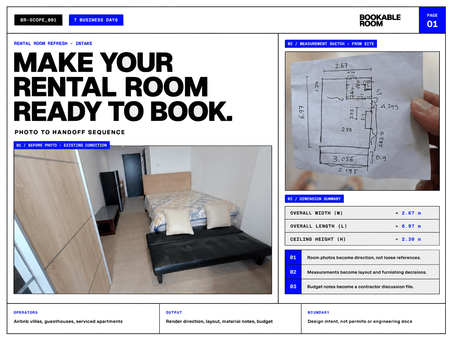 Rental apartment room project setup sheet with existing room photo, measurement sketch, dimension summary, output, and boundary notes.