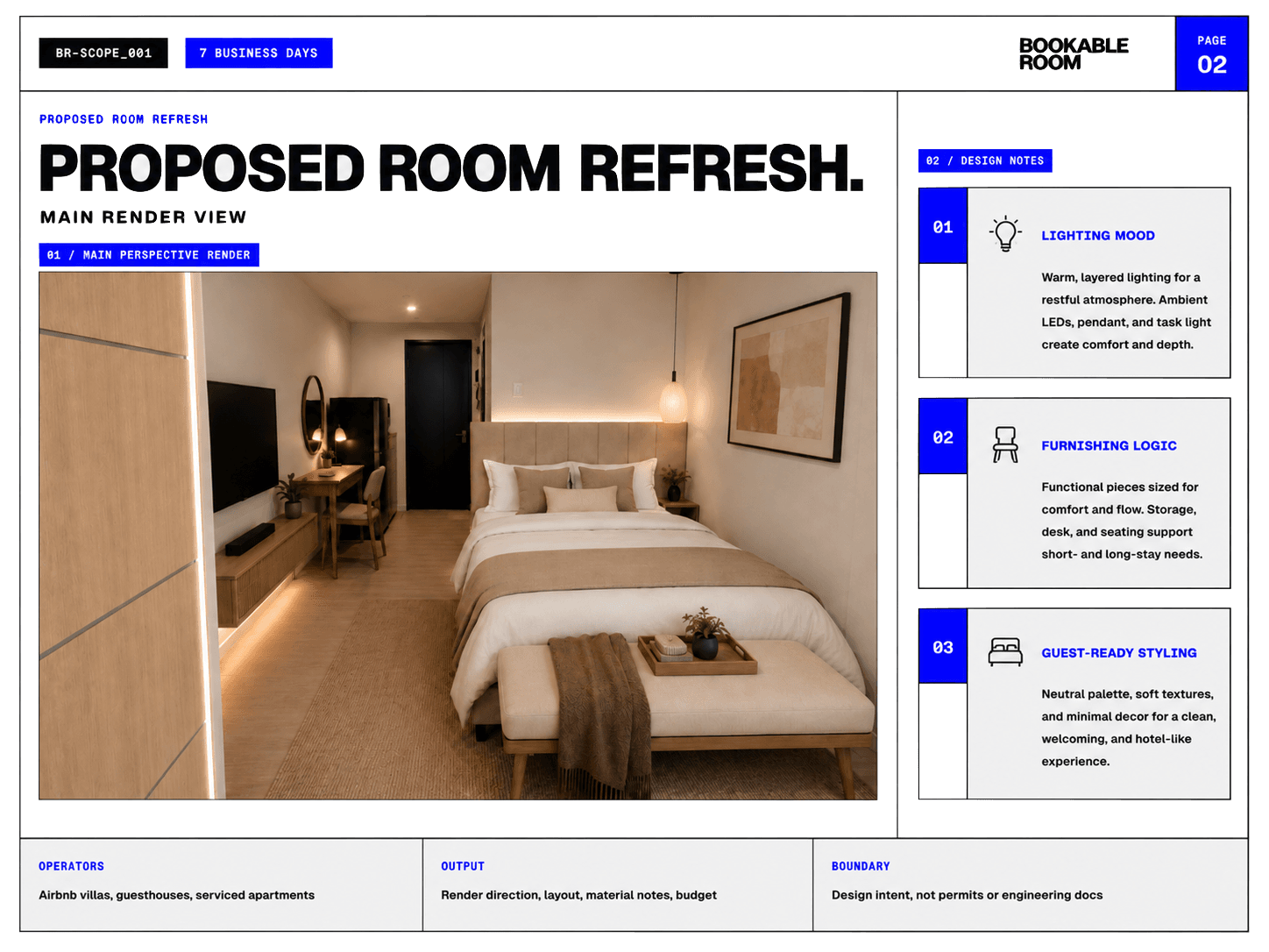 Rental apartment studio layout direction sheet with compact furniture placement and guest flow notes.