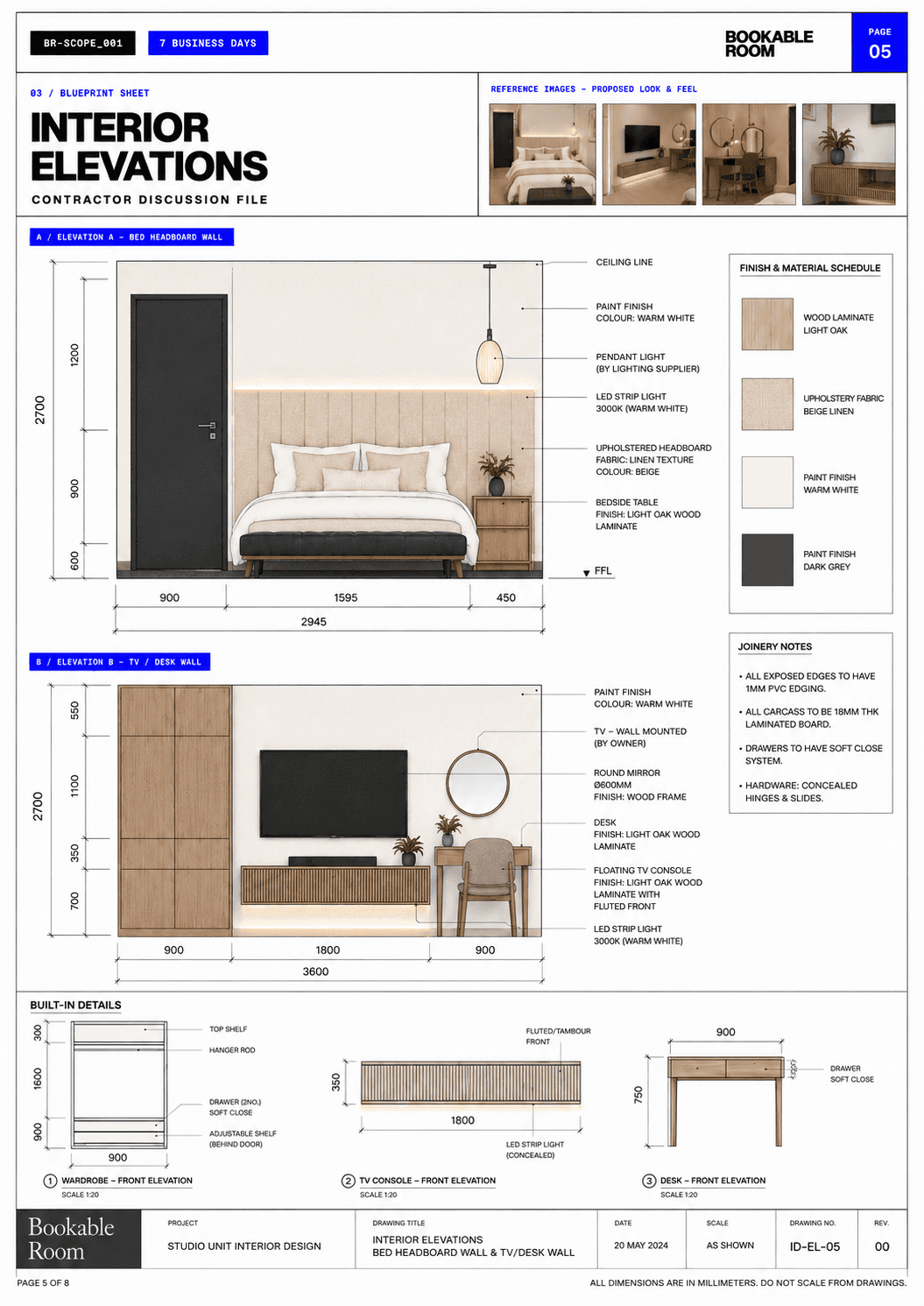 Portrait contractor handoff document for the rental apartment studio refresh with action notes.