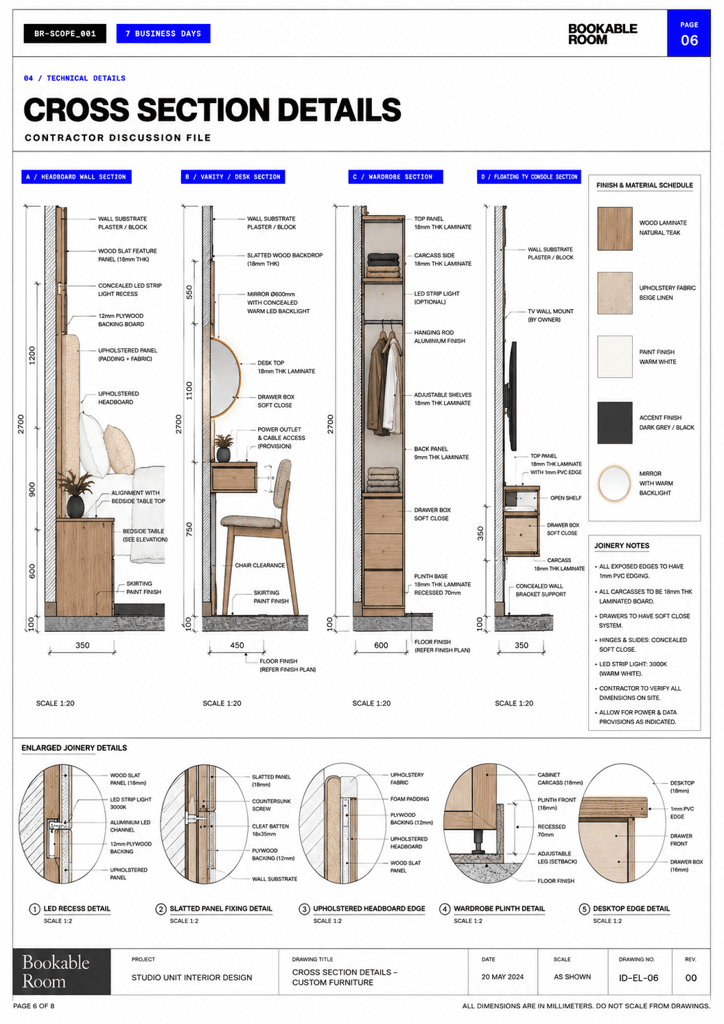 Rental apartment studio cross section details sheet showing custom furniture sections, material schedule, and joinery notes.