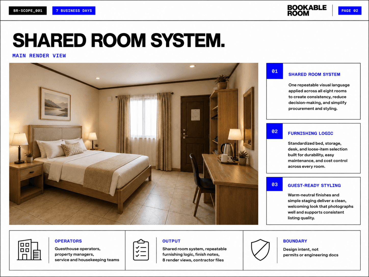 Guesthouse room system sheet with repeatable layout and storage direction.