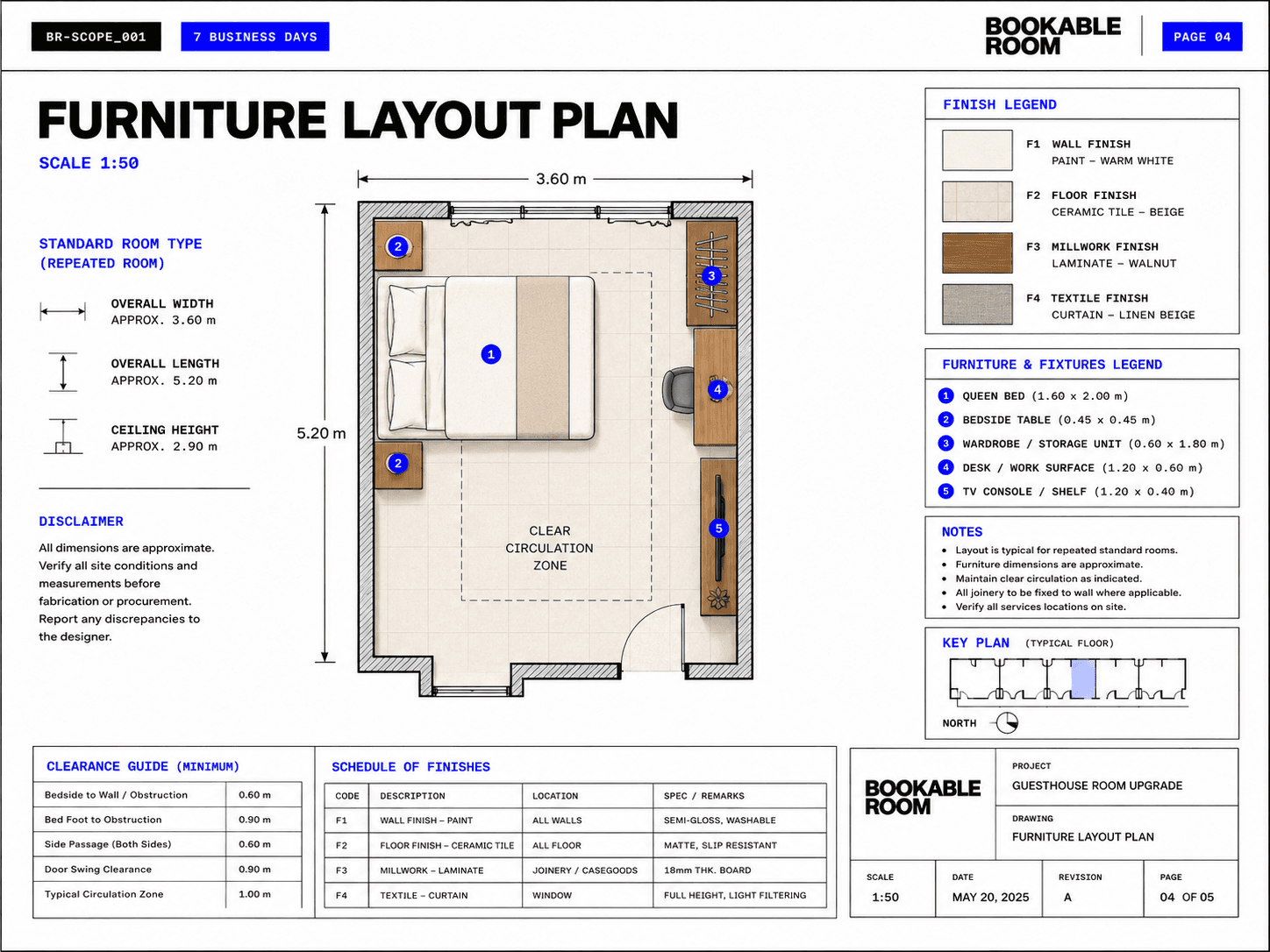 Guesthouse room render direction sheet showing the upgraded room plan.
