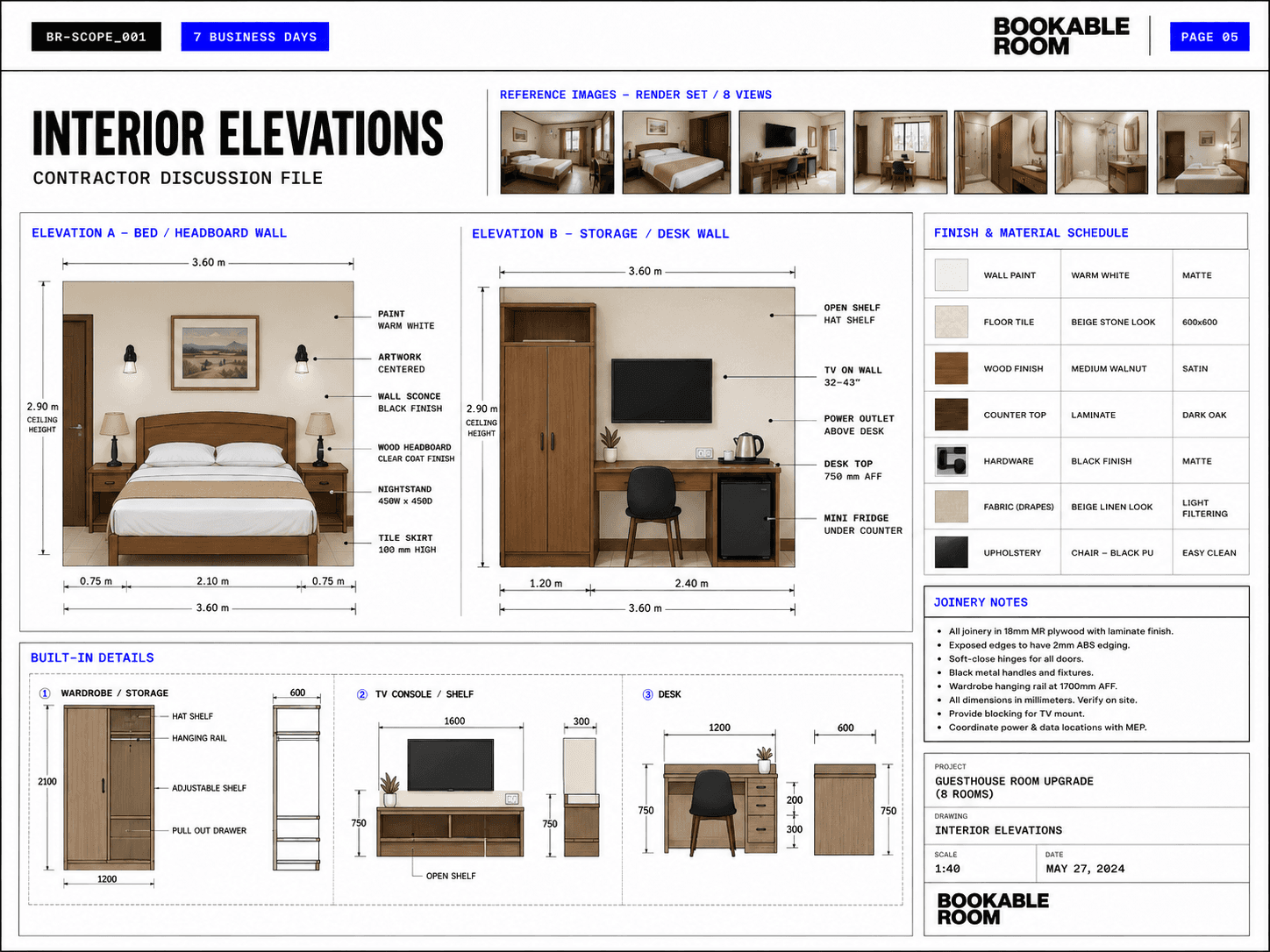 Guesthouse room contractor discussion sheet with repeat-room action notes.
