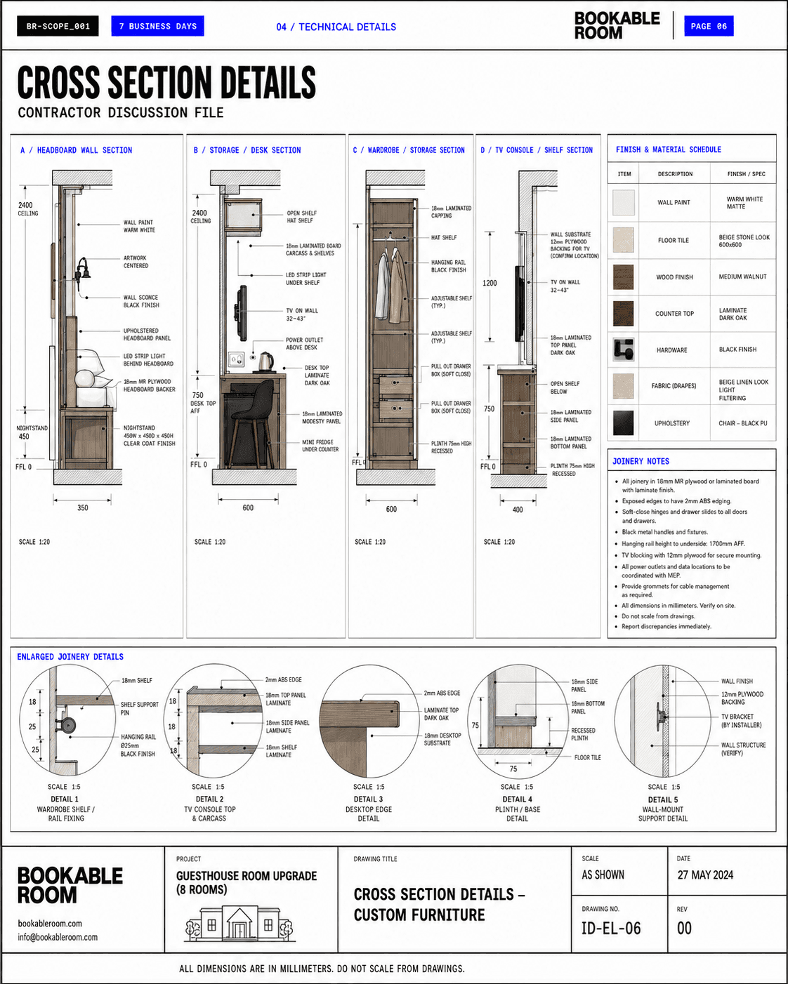 Guesthouse room cross section details sheet showing custom furniture sections, material schedule, and joinery notes.