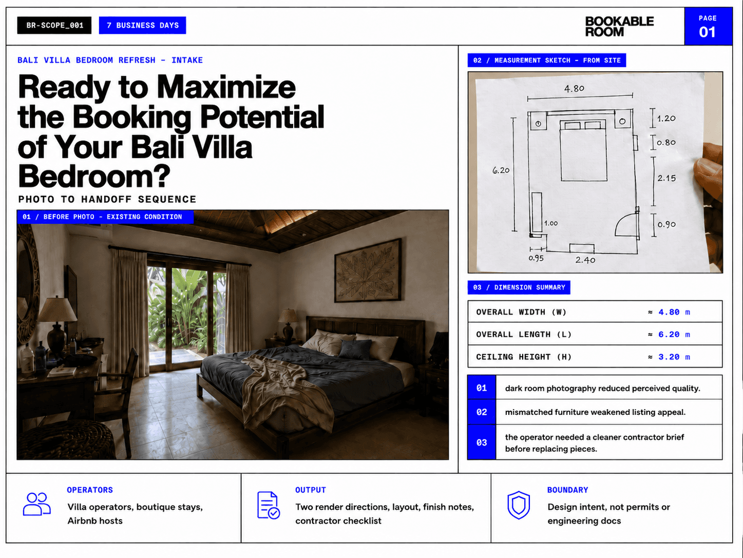 Bali villa bedroom project setup sheet with existing room photo, measurement sketch, dimension summary, output, and boundary notes.