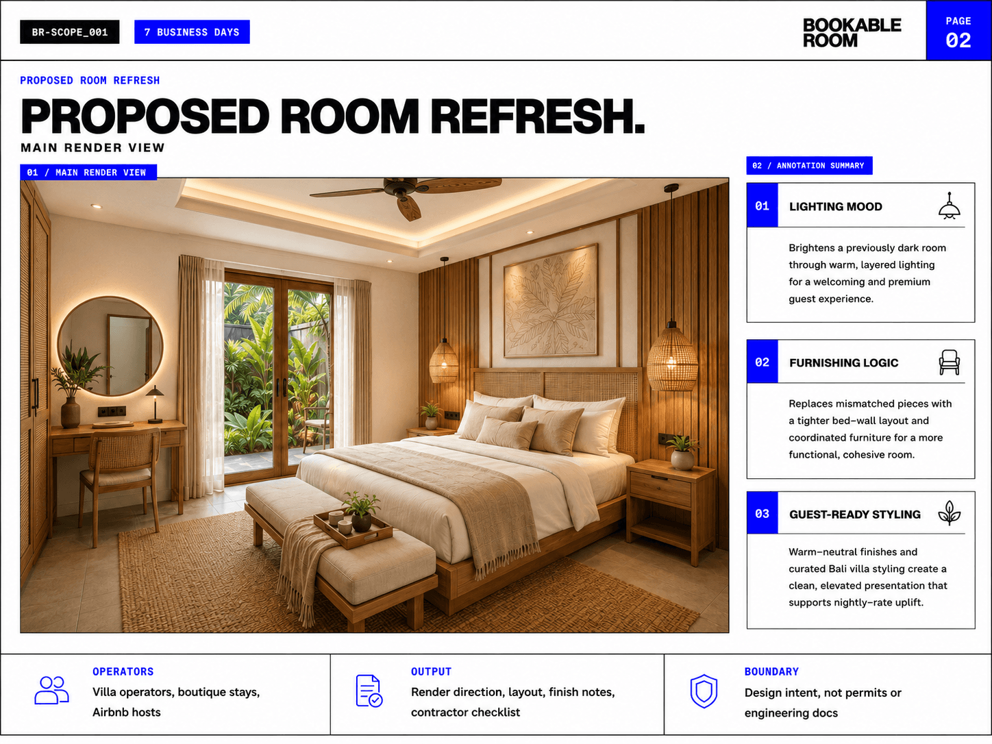 Bali villa bedroom layout direction sheet with plan, furniture placement, and operator notes.