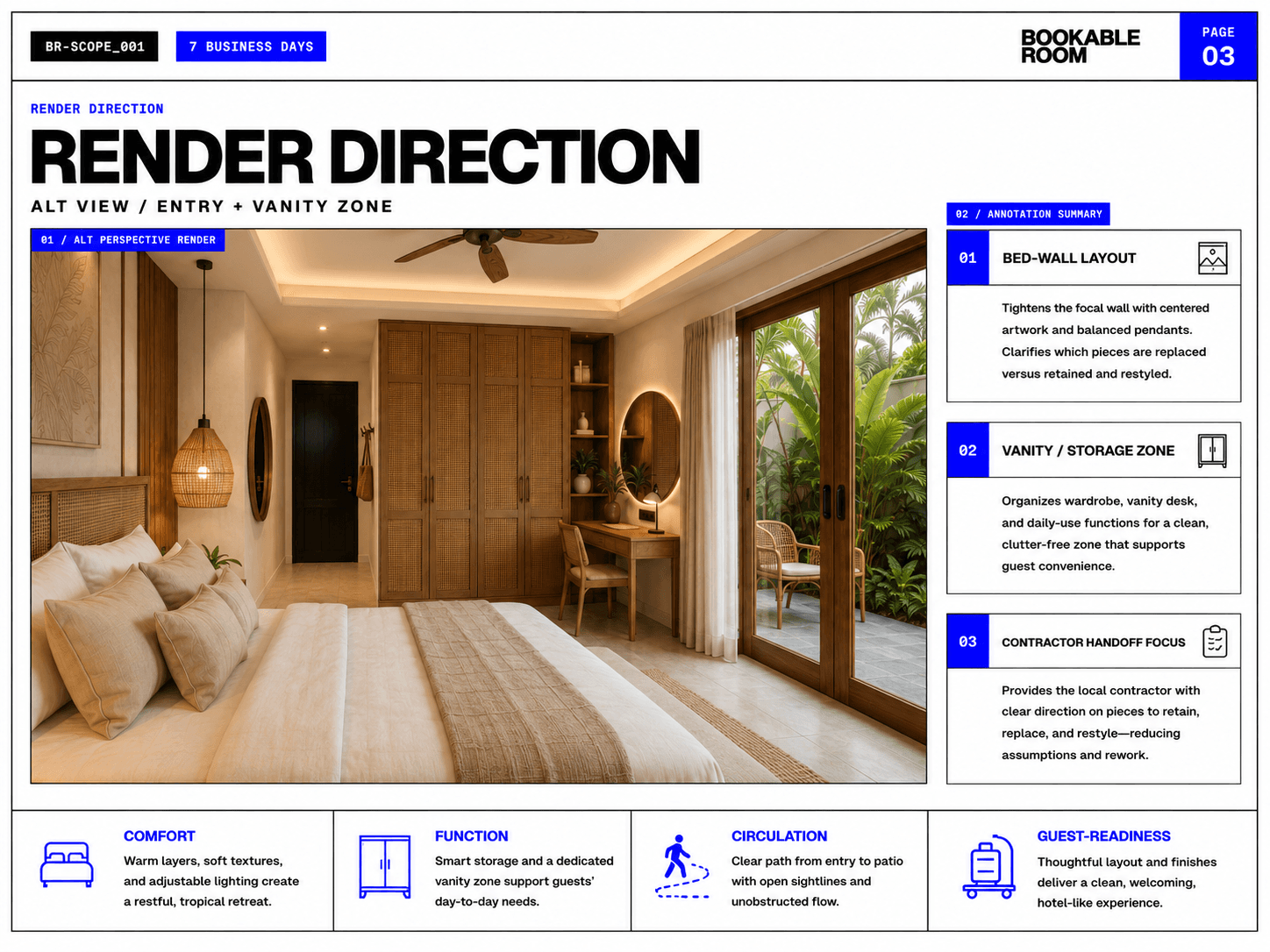 Bali villa bedroom material and finish direction sheet with warm-neutral selections.