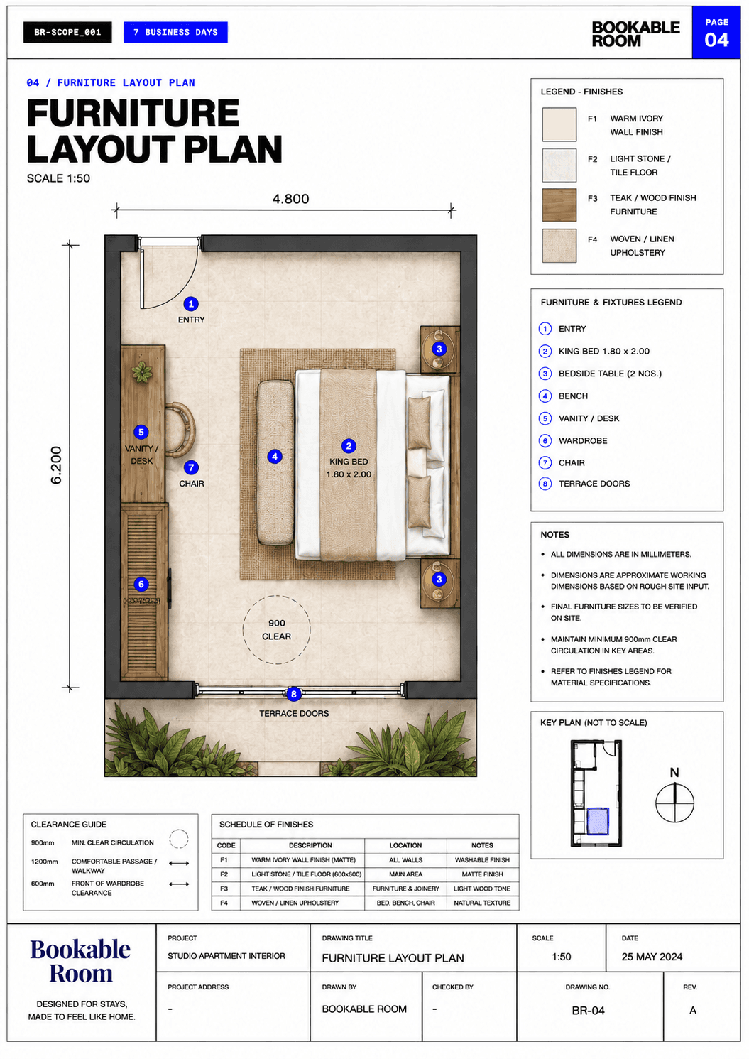 Portrait handoff sheet for the Bali villa bedroom refresh with render direction and checklist details.