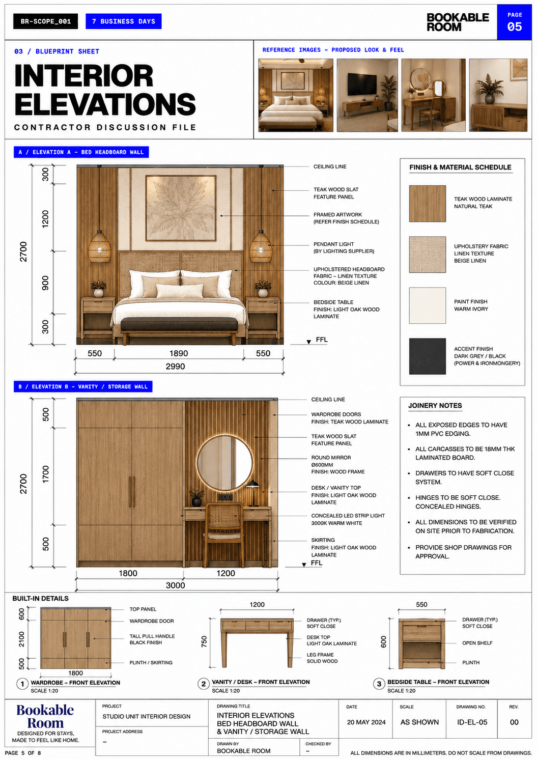 Portrait contractor handoff document for the Bali villa bedroom refresh with action notes.