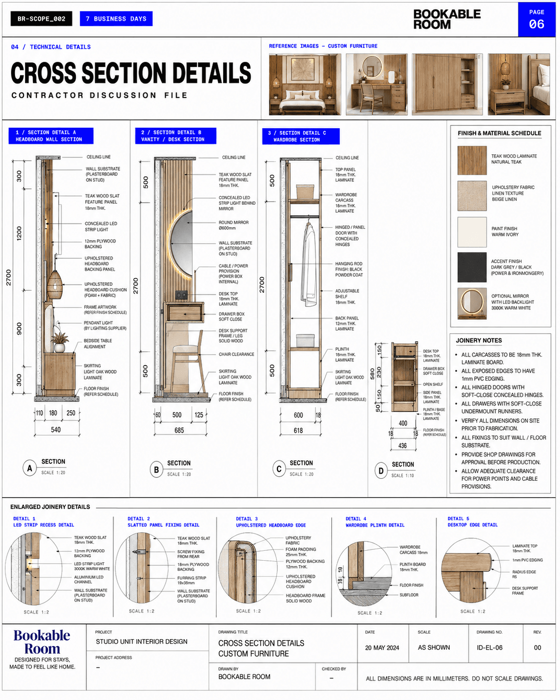 Bali villa bedroom cross section details sheet showing custom furniture sections, material schedule, and joinery notes.